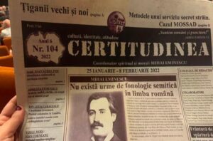 A newspaper, ‘Certitudinea’, containing racist, anti-Semitic and nationalistic articles, was distributed before a show at the National Theatre in Bucharest. Photo: Carmen Olaru Facebook page