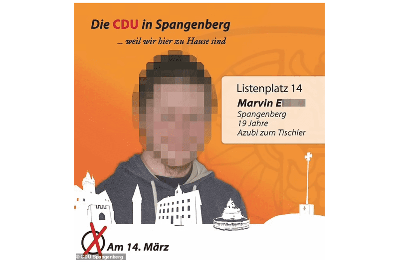 Marvin E., 20, from Spangenberg in northern Hesse, faces charges of attempting to form a terrorist organisation, as well as preparation of a grievous seditious attack and various weapons law violations. He ran for the CDU in the local elections in 2021 (pictured his local election flyer)