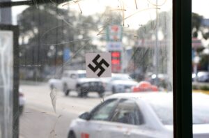 A swastika on a tram stop on Hawthorn Rd Caulfield, just up from the Beth Weizmann Community Centre. Photo: Peter Haskin