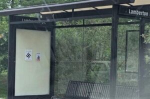 A paper with a swastika on it was found plastered on a bus-stop shelter in a heavily Orthodox neighborhood of Silver Spring, Md., just outside of Washington, D.C., on June 2, 2022. Craig Simon, Courtesy of the Jewish Federation of Greater Washington