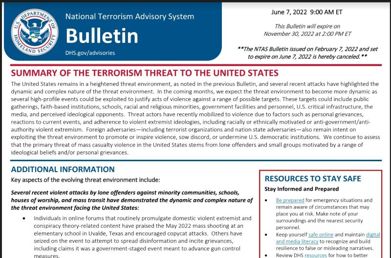 The bulletin issued by the Department of Homeland Security / Screenshot