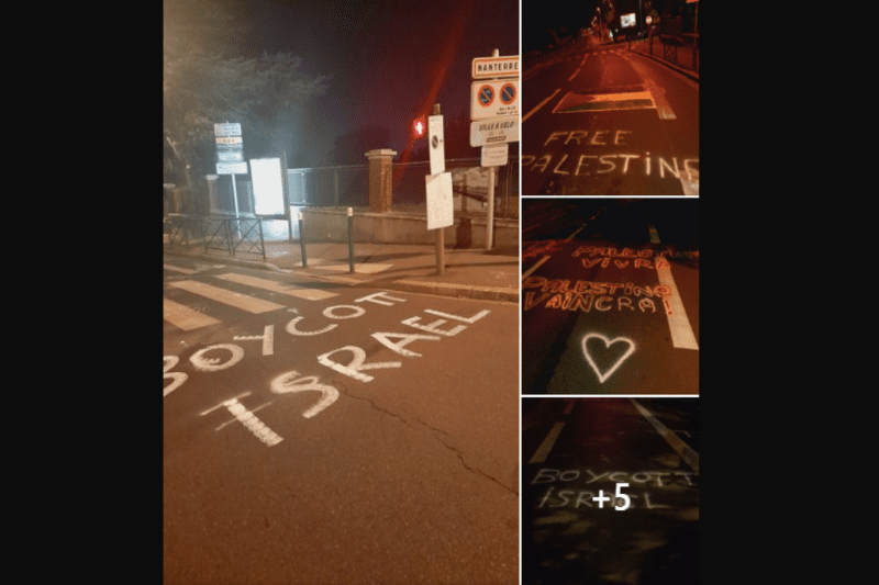Anti-Israel graffiti on roads in Nanterre, July 25, 2022. (Credit: BNVCA / screenshot)
