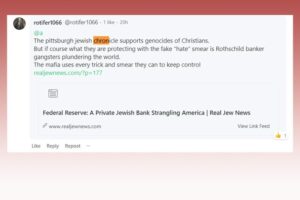 Screenshot left on Gab founder Andrew Torba's page after he posted a link to a Pittsburgh Jewish Chronicle story. Screenshot by David Rullo.
