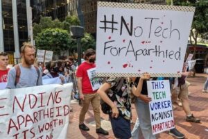 Google and Amazon workers in San Francisco protested an AI contract their employers have with the Israeli government.RICHARD NIEVA