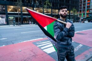 Saadah Masoud, a pro-Palestinian activist, shortly before beating a Jewish man on a street in New York City on April 20, 2022. (Luke Tress/Times of Israel)