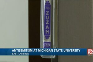 Jewish symbol on Michigan State University student’s door vandalized. (Screenshot)