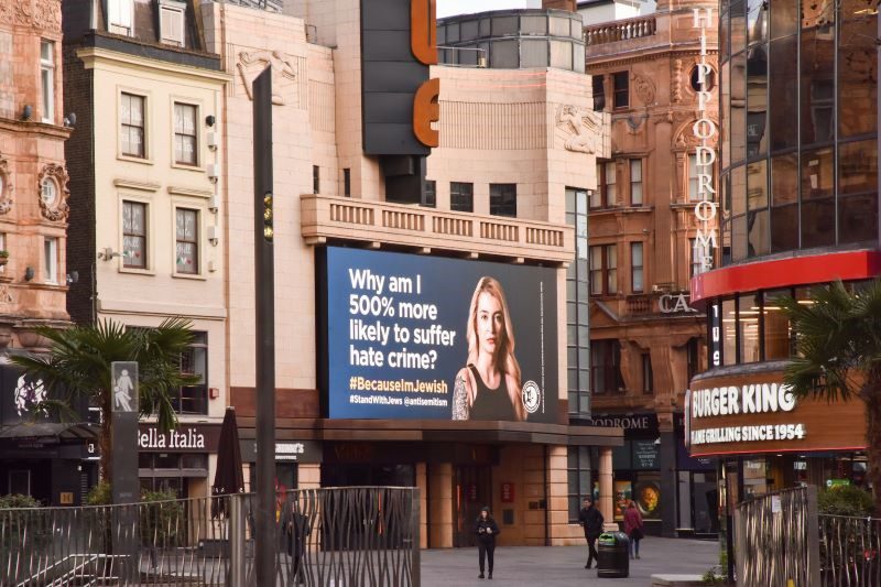 One of the billboards in London’s Leicester Square this morning Image credit: Nathan Lilienfeld