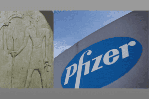 Stone relief depicting Resheph, the god of plagues, and company logo of Pfizer (Wimikedia Commons, Dan Kitwood - WPA Pool/Getty Images)