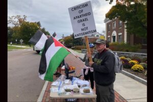 Pro-Palestinian protesters on the University of Vermont campus in Burlington backed the administration in a federal antisemitism investigation, October 13, 2022. The university announced in April 2023 it had resolved the complaint by pledging to do more to fight antisemitism. (Andrew Lapin/Jewish Telegraphic Agency)
