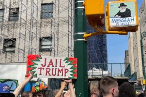 Outside a New York court where former President Donald Trump was charged on April 04, 2023. Photo by Jacob Kornbluh