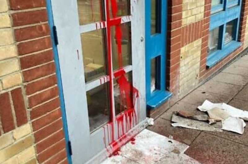 Vishnitz Girls’ School in Stamford Hill, London, after vandals threw red paint at the front door on Thursday 12 October 2023 in what is assumed to be a hate crime