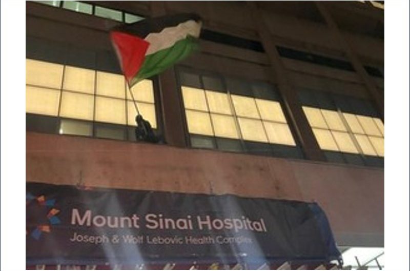 Posts on social media have documented videos and photos from the protest, which included at least one protester scaling the hospital with a Palestinian flag. PHOTO BY X SCREENSHOT