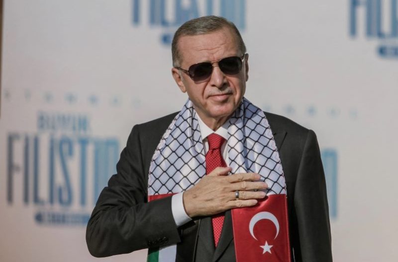 Turkish President Recep Tayyip Erdogan attends a rally in solidarity with Palestinians in Istanbul, Oct. 28, 2023. (Efekan Akyuz/Middle East Images/AFP via Getty Images)