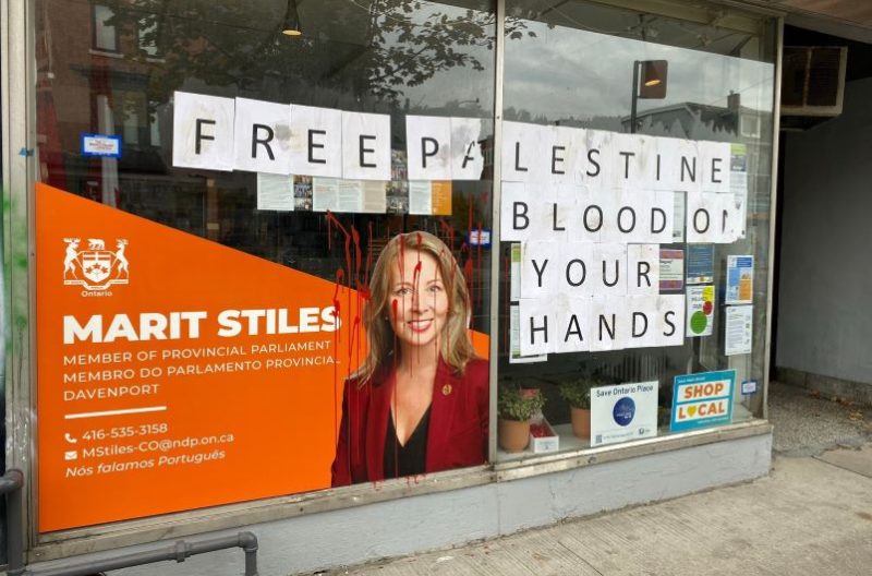 The window of Marit Stiles' office was vandalized with lettering referencing the Israel-Hamas conflict in the Middle East. Global News